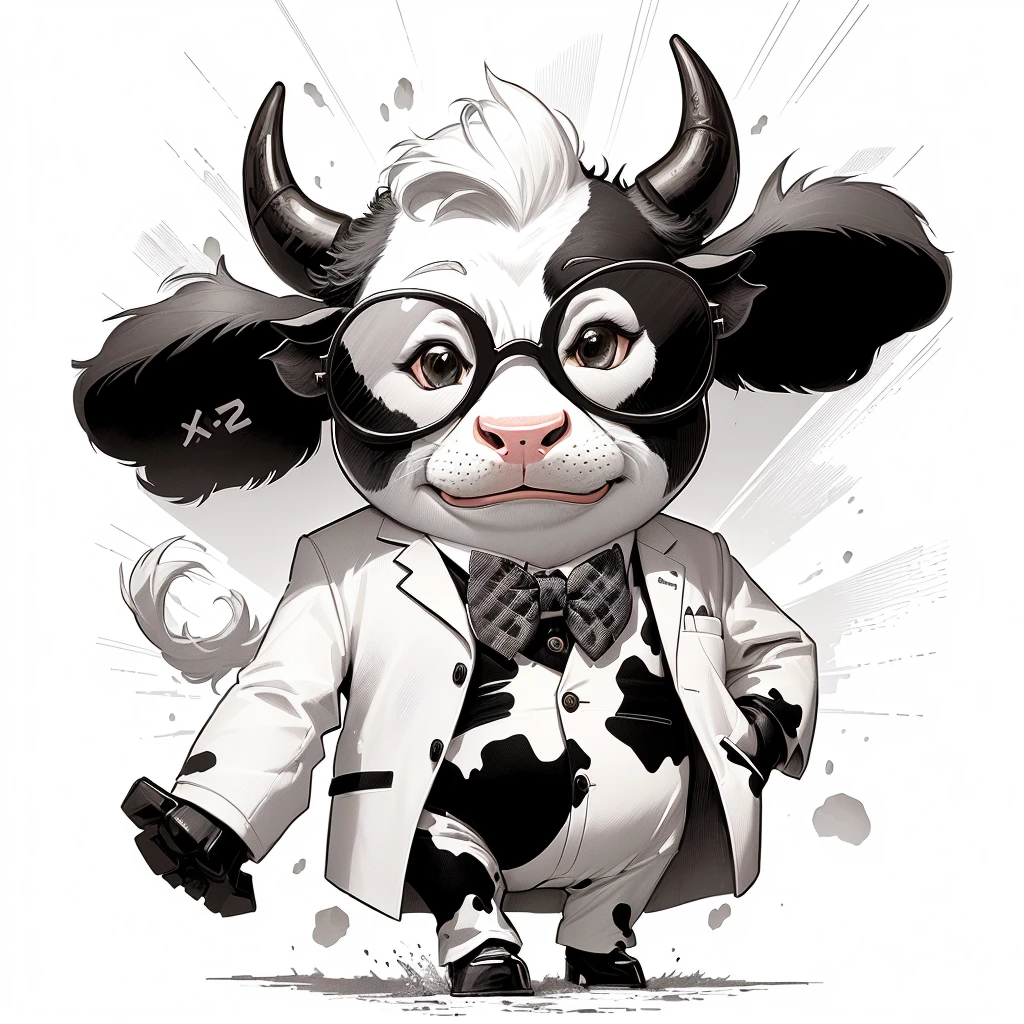 cartoon cow wearing glasses and a coat with a bow tie, cow, bovine, hd illustration, by Steve Prescott, fantastic ， mikecow, by Jan Zrzavý, black and white vector art, mcbess illustration, mcbess, by Tadeusz Pruszkówski, by Adam Marczyński, official illustration