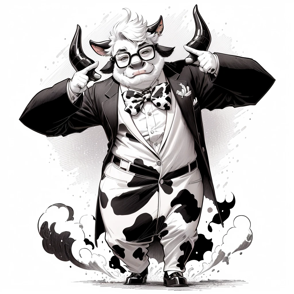 cartoon cow wearing glasses and a coat with a bow tie, cow, bovine, hd illustration, by Steve Prescott, fantastic , mikecow, by Jan Zrzavý, black and white vector art, mcbess illustration, mcbess, by Tadeusz Pruszkówski, by Adam Marczyński, official illustration