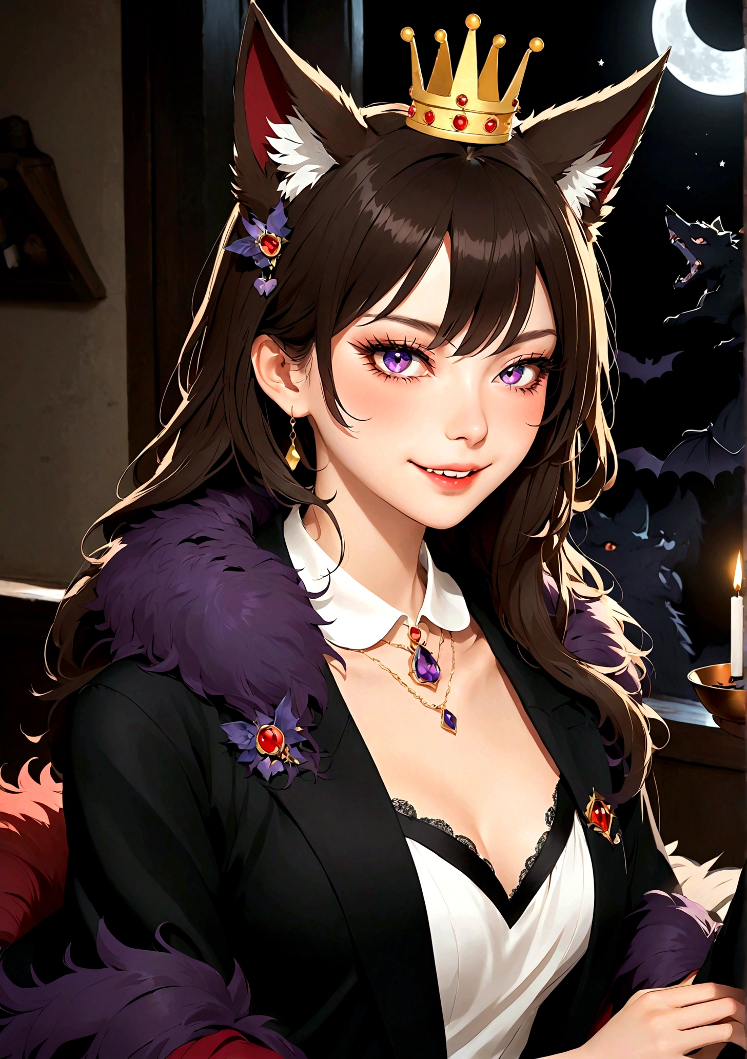 Vector,flat,Simple and smooth lines,A beautiful illustration:Big Bad Wolf:1.37.frying pan:1.37 Beautiful girl sitting elegantly,(((She has a beauty spot:1.37))),Purple Eyes,Delicate lashes,Smile,Smooth skin,Long black hair,Wolf ears, Small Crown,Red fur collar brooch on suit,温顺的Big Bad Wolf。Correct human anatomy,moonlight,bat