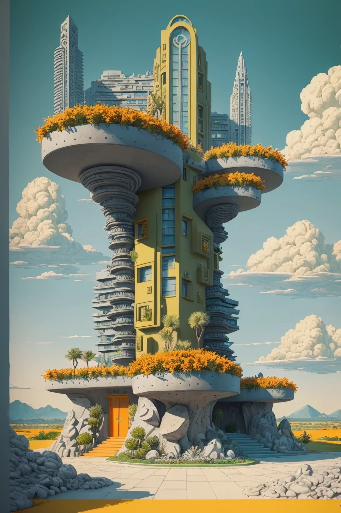 Illustration, a garden with abundant cacti, ((various organic sculptures)), ((big rocks)), (((multiple sections))), collage style, detailed, (((color palette (olive green), (Mustard orange), cool grey, ((blue)), black and white))), (((a lot Luis barragán's architecture style builds))) big clouds, volcano in horizon, stairs, in the desert. ((masterpiece, best quality)),illustration,ultra detailed 8k, ((Ori Toor visual style)),soviet, megabuildings, megastructures, buildings, sculpture,landscape,clouds
