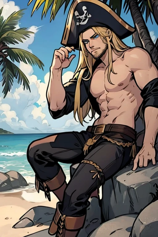 One male, shoulder length hair, blond hair, blue eyes, detailed eyes, tall, slim, thin, naked nude body, (no clothes), detailed body, realistic detailed penis, (anatomically correct penis), handsome face, detailed realistic anime face with contours, stubble, HD, highest quality, masterpiece, 2d, anime, handsome face, rugged face, highest detail, stubble, realistic chest hair, realistic abdomen hair, intricate details, full body, solo, standing on the beach