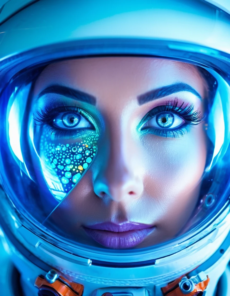 sci-fi style futuristic astronaut woman closeup portrait, detailed eyes, vibrant colours, glass reflections, dry skin, fuzzy skin, lens flare, futuristic, technological, alien worlds, space themes, advanced civilizations