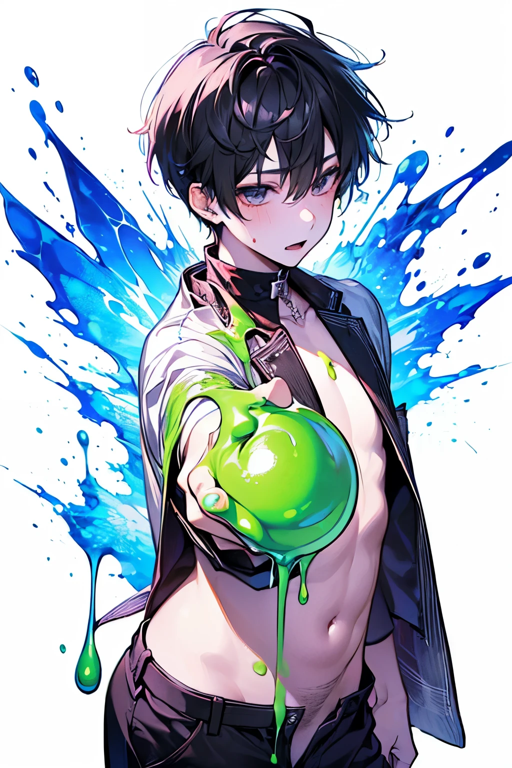 (boy,men's:1.5),((NSFW:1.3)),((sticky liquid dripping)),((Climax、Cramp:1.2)),((Angle from the front:1.3)),((Slime SEX))
