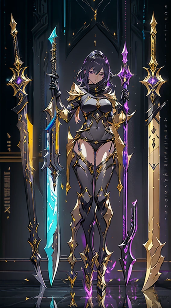 Design a layout showcase Gaming character, ((1girl)), assasin:1.4, Golden+Purple clothes, Black_Desert_style, stylish and unique, ((showcase weapon:1.4)), magic staff, (masterpiece:1.2), (best quality), 4k, ultra-detailed, (Step by step design, layout art:1.5), (luminous lighting, atmospheric lighting), Final Fantasy style, magican, ((glove full hands)), fran, viera, (((revealing clothes:1.3))), vambraces, armored legwear, (((full_body_shot:1.4))), Niji, back_view, T_pose