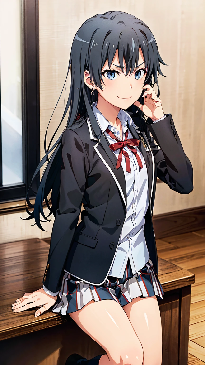 (official art:1.2), (masterpiece:1.4), (best quality:1.4), high resolution, 8k, highly detailed face, well drawn hands, (((well drawn eyes))), (perfect hands, perfect anatomy), beautiful background, yahari ore no seishun lovecome wa machigatteiru., anime official art style, 1 girl, yukinoshita yukino with black hair, bitch and villain personality, earrings, black hair, long hair, light blue eyes, gal makeup, small breasts, sobu highschool uniform, black blazer, white shirt, untucked shirt, open blazer, red ribbon, plaid skirt, black knee-high socks, full body, evil smirk, bitch pose, gym