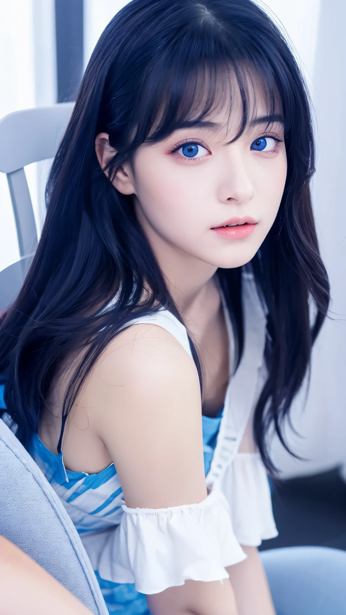 Her left eyes is blue, she is sitting on a chair.