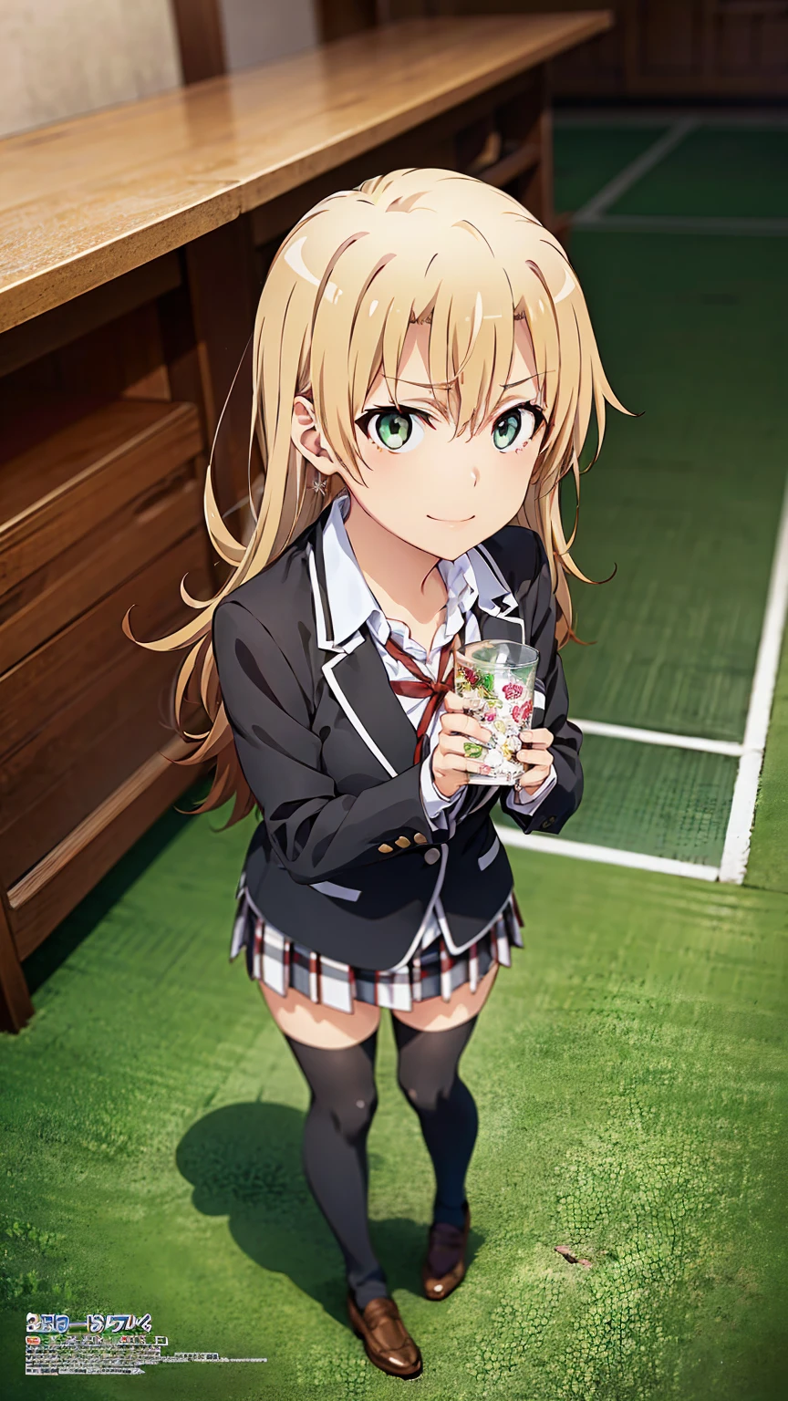 (official art:1.2), (masterpiece:1.4), (best quality:1.4), high resolution, 8k, highly detailed face, well drawn hands, (((well drawn eyes))), (perfect hands, perfect anatomy), beautiful background, yahari ore no seishun lovecome wa machigatteiru., anime official art style, 1 girl, miura yumiko with blonde hair, long hair, green eyes, calm and gentle personality, medium breast, sobu highschool uniform, black blazer, close blazer, red ribbon, plaid skirt, black thighhighs, full body, slightly smile, gym