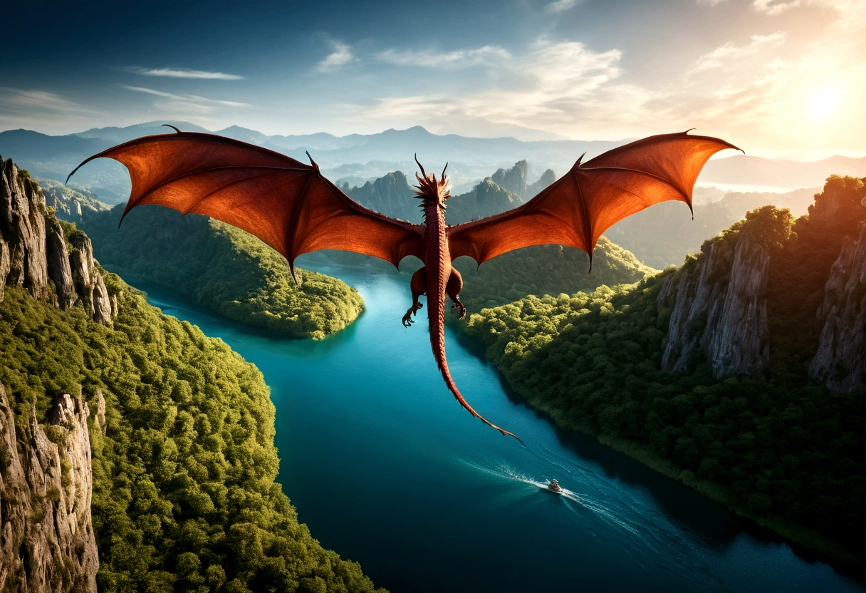 ((picture taken from the back of dragon: 1.5)), arafed, a picture of a dragon flying above a river, its shadow is cast on the water dragon wings spread wide, dynamic color dragon, you see the back of the dragon, its majestic wings, its tail and river it is flying above, , panoramic view (Masterpiece, intense details: 1.5) , Wide-Angle, Ultra-Wide Angle, dynamic light, Cinematic Hollywood Film style