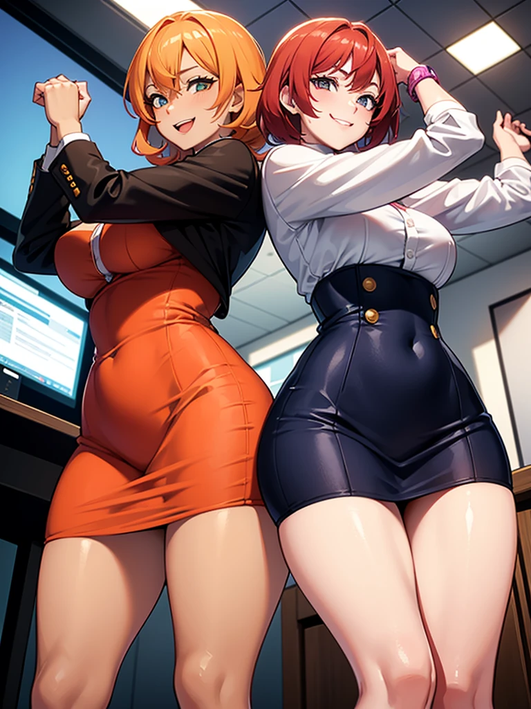 two sexy bubbly and cheerful women in office outfits, short, vibrant orange hair with highlights of pink, flirtatious smile, looking at camera, view from below