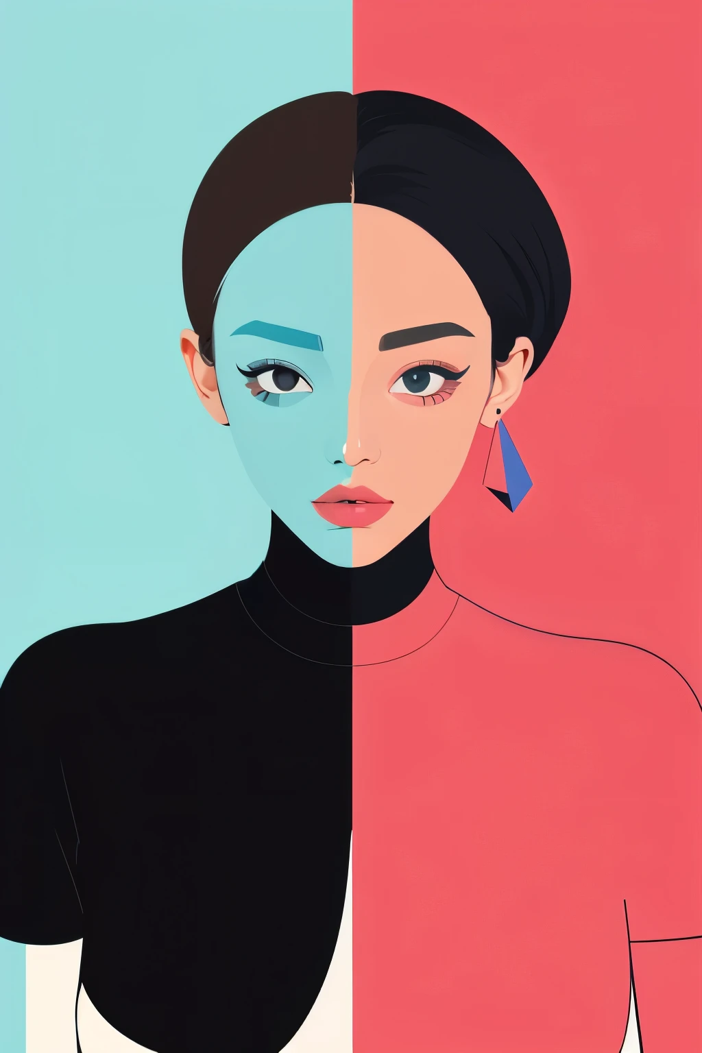 absurd, high quality, very detailed, (1 woman:1.3), cute rest
, color blocking, bold contrast, geometric shapes, Flat color, Minimalist design, Contemporary Aesthetics, striking visual