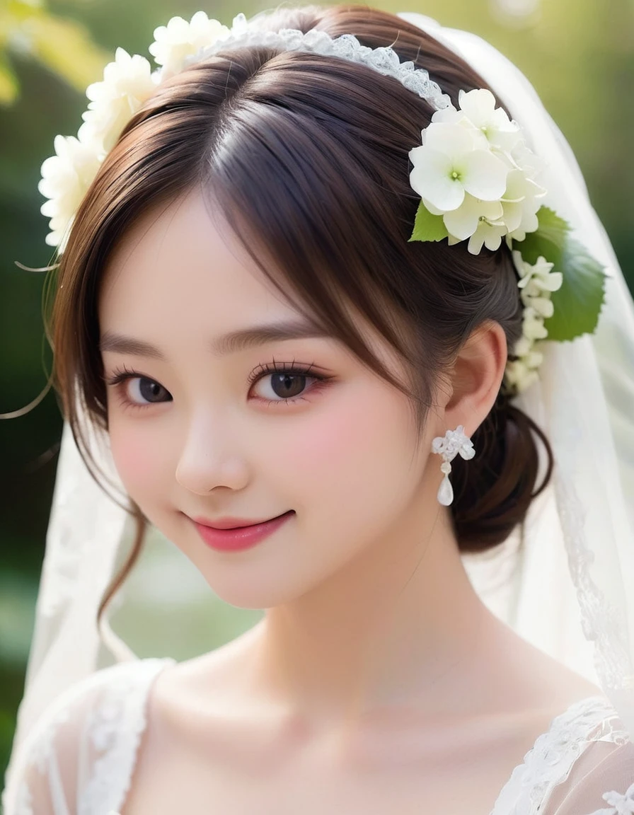 from side, close up face, smile, frilly long sleeves, white lace veil, kawaii, The bride is dressed in a white wedding dress, and her cheeks are flushed with happiness. Her profile exudes a quiet beauty, and a vibrant hydrangea flower is added to her ear. The petals of the hydrangea enhance the elegance of the bride, and its color symbolizes her happiness. This scene celebrates pure love, happiness, and a new beginning.