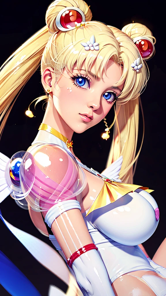 (((Perfect body,White and tender skin,(((Yellow layered skirt Pink puffy sleeves White gloves White boots Wing brooch Red choker Red ribbon Wings Hairpin Red bun cover Golden crescent forehead mark))),(((EternalSM ,Slender and soft golden hair, crystal clear and delicate skin, bright blue big eyes, thin cherry colored lips,,))),((masterpiece)),highres,((Best quality at best)),masterpiece,quality,Best quality,((( Exquisite facial features,Looking at the audience,There is light in the eyes,(((lol,happy))),))),(((Light and shadow,Huge breasts,))),(((Looking at the camera,black background,))))