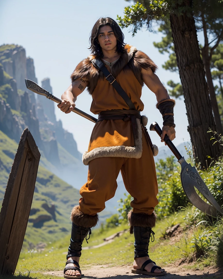 Youth with short black hair and brown eyes, fair skin and clean-shaven, dressed in short orange medieval barbarian fur tunic and trousers, weilding giant axe, sandals; fullbody; short hair, masculine, athletic