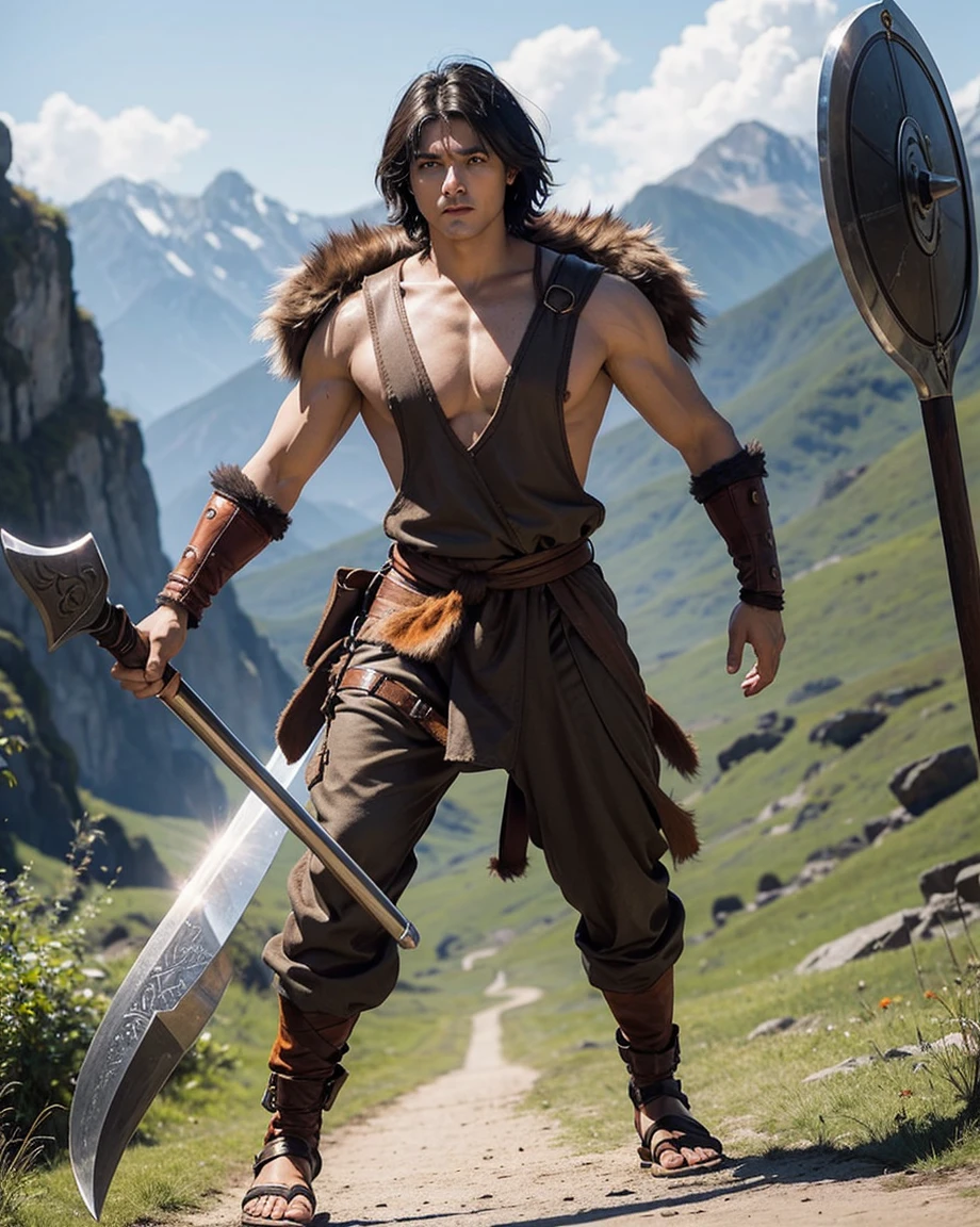 Youth with short black hair and brown eyes, fair skin and clean-shaven, dressed in short orange medieval barbarian fur tunic and trousers, weilding giant axe, sandals; fullbody; short hair, masculine, athletic