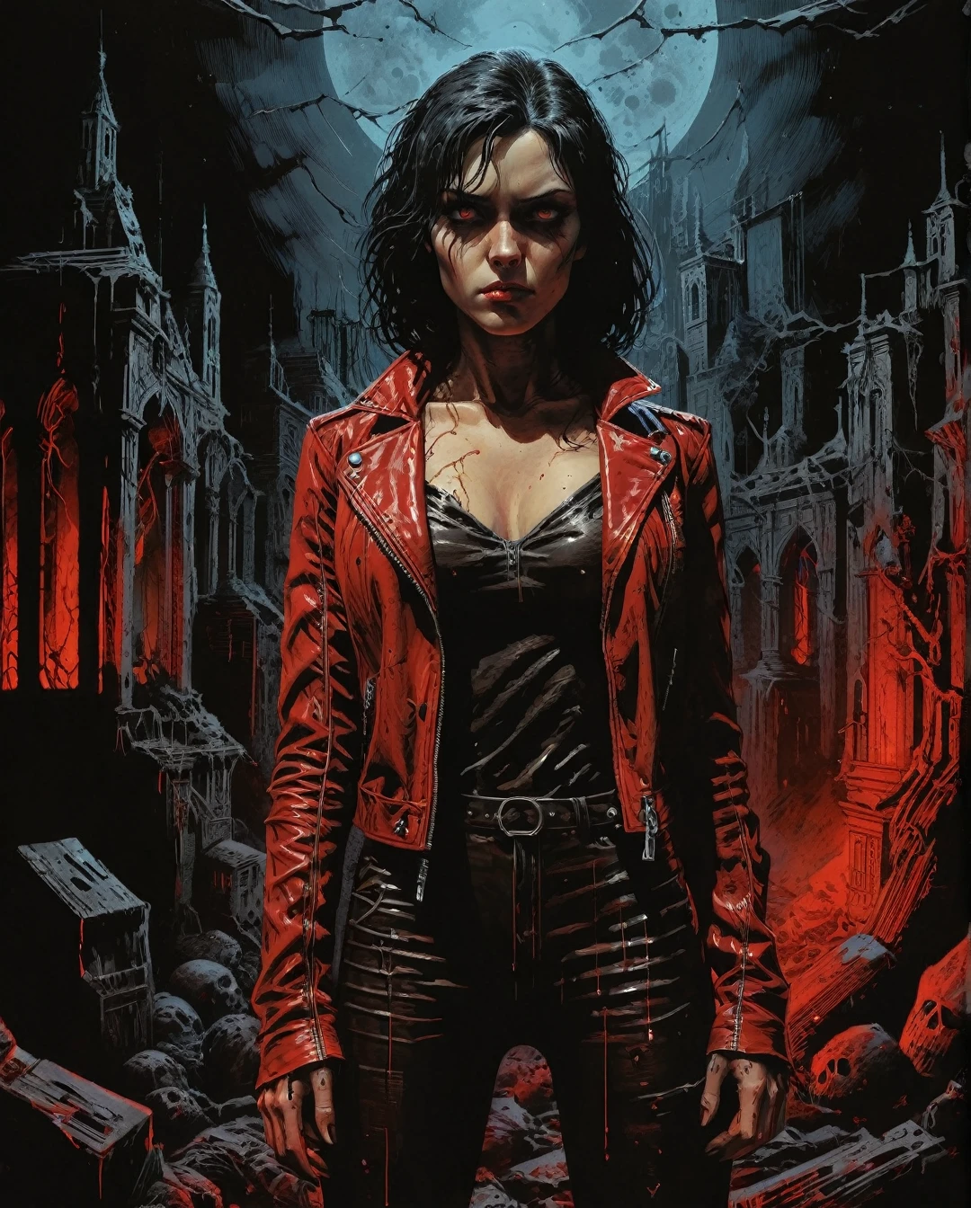 (One Person:1.6), (A Gorgeous 25 Years Old British Female Vampire Mercenary), (Wavy Bobcut Black Hair:1.4), (Pale Skin:1.4), (Sapphire Blue Eyes), (Wearing Red Leather Jacket, Black V-Neck Inner Shirt, and Black Tight Pants:1.4), (City Buildings at Night with Moonlight), (Crossing Arms Pose:1.4), Centered, (Waist-up Shot:1.4), From Front Shot, Insane Details, Intricate Face Detail, Intricate Hand Details, Cinematic Shot and Lighting, Realistic and Vibrant Colors, Masterpiece, Sharp Focus, Ultra Detailed, Taken with DSLR camera, Realistic Photography, Depth of Field, Incredibly Realistic Environment and Scene, Master Composition and Cinematography, castlevania style,castlevania style., maximalist art, by Moebius and Hariton Pushwagner, (ambient occlusion, masterful, beautiful), poster art, bold lines, hyper detailed, expressive, award winning, (landscape:1.4), (intricate details, masterpiece, best quality:1.4), looking at viewer, dynamic pose, wide angle view, in the style of nicola samori , futuristic style, sleek, ultra modern, high tech, ornate by Moebius and by Marc Simonetti, clean lines, geometric shapes, Minimalist color scheme of red and cyan
mkitdecy, rust, cracks brutalism, style by Tom Jung and Drew Struzan and Tim and Greg Hildebrandt, ((style by artgerm and Greg Manchess and Ilya Kuvshinov))