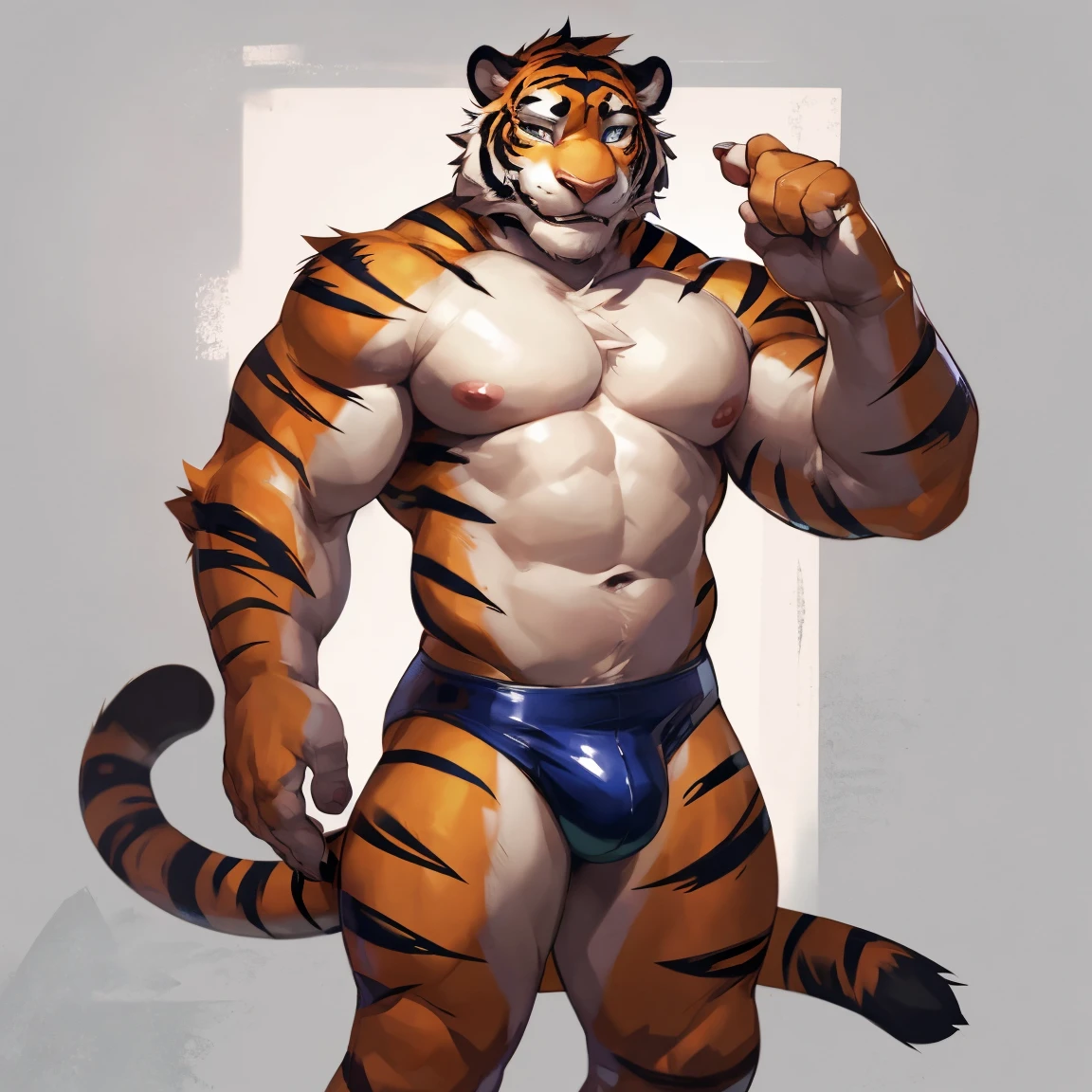 Handsome tiger, solo, in speedo, black speedos, black underwear, hot, sexy, seductive tiger, stripes, striped, front, standing, posing hands, waist, tiger tail, male v line, attractive, perfect body, good anatomy, By darkgem, by mystikfox61, by glitter trap boy