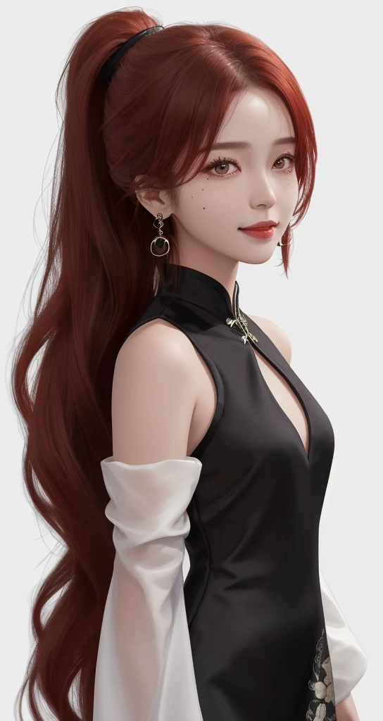 1girl, 
yinlin \(wuthering waves\),  
solo, white background, breasts, mole under mouth, very long hair, bare shoulders, upper body, ahoge, single earring, long sleeves, jewelry, detached sleeves, simple background, hair over one eye, red hair, black dress, mole, dress, china dress, mole under eye, smile, chinese clothes, ponytail, looking at viewer, long hair, closed mouth, brown eyes, earrings, 
masterpiece, best quality,  safe
 