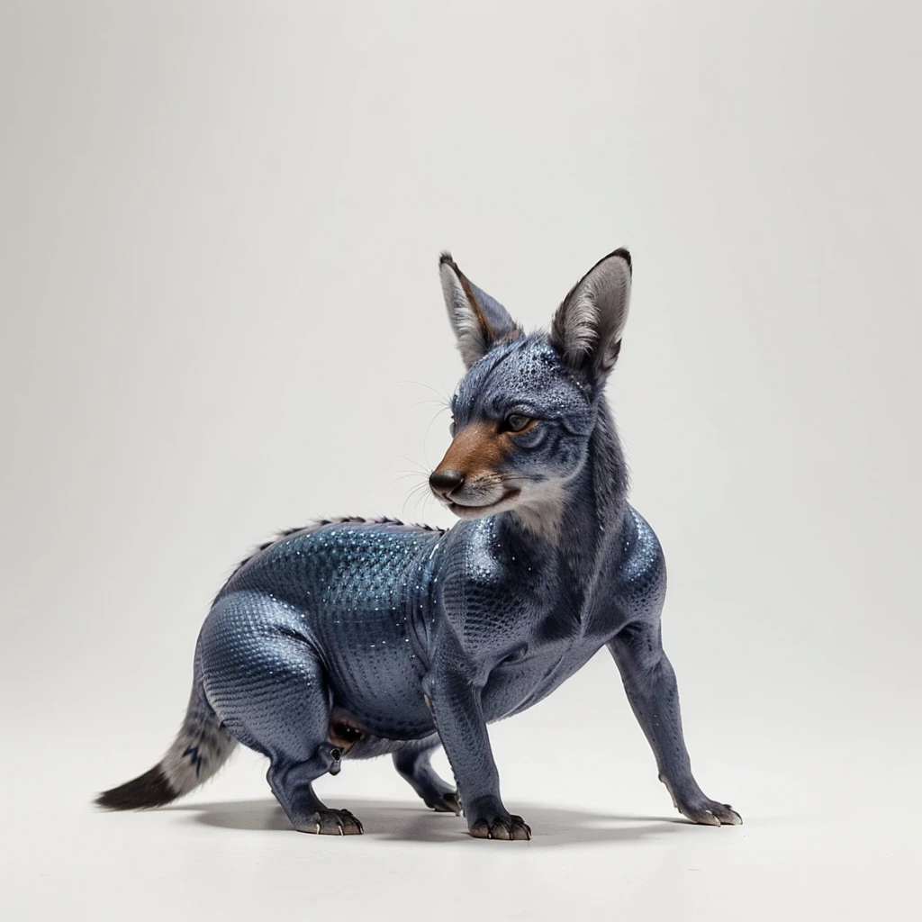 Small Animaly, silver and blues silver colour skins, has scales, his body is shaped like a Fox but his face is like a Moose, silver colour skins, Grassroots background, (white background simpleks)