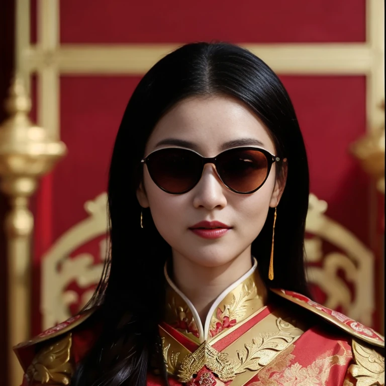 Asian woman Arav in red and gold dress and glasses, iu lee ji-eun in the role of supervillain, There was an ornate Korean pillar behind her., Portrait of a modern Darna, korean woman, queen of the sea Mu Yanling, Kwak Ji Young, Chinese woman, gongbi, The girl who played the role of Genghis Khan, Portrait in the middle of a shot