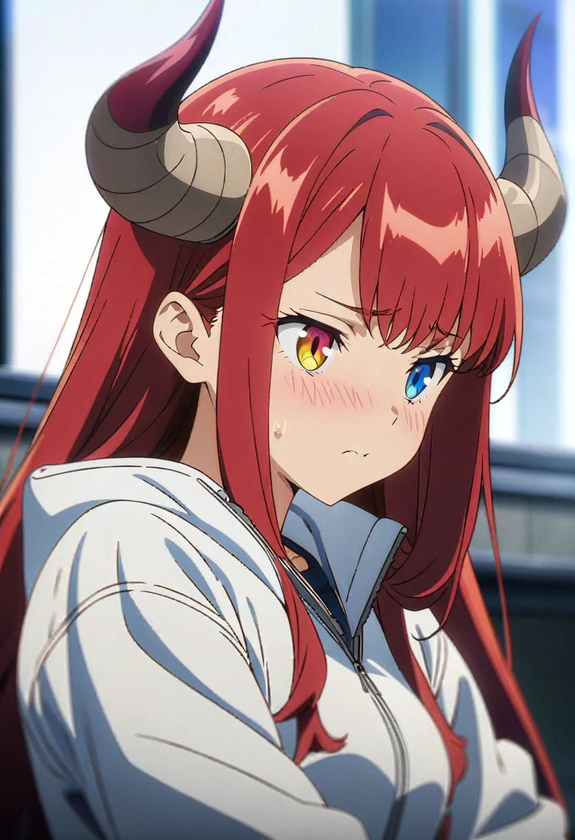 (masterpiece, best quality:1.2) best quality, girl design, portrait, giesha, anime image, long hair, red hair, shy and horny look, heterochromia eyes, hair covering horns, demon horns, blue short jeans, white Windbreaker jacket, small breasts, full body, anime style, blurry, masterpiece, highres