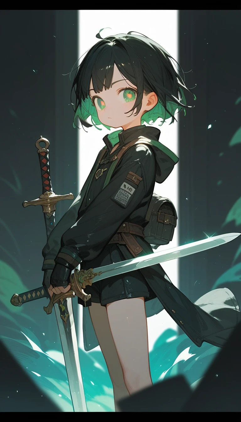 Black short hair,,Green pupils,cool,Sword,Standing picture