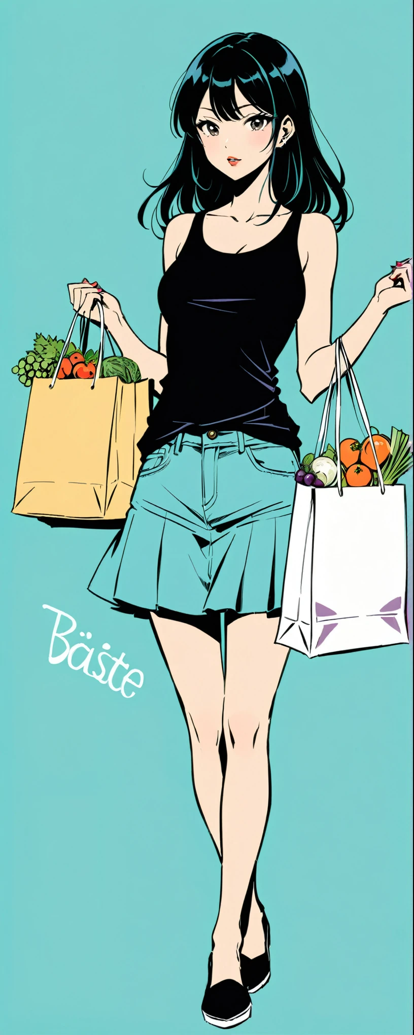 (in style of Jillian Tamaki:0.9), 1girl, BREAK casual wear,1 shopping bag in hand,plastic bags contain a variety of fresh ingredients,solid color background,fantasty,comic style,minimalist style,making faces,back view,look at the camera,graceful movements,