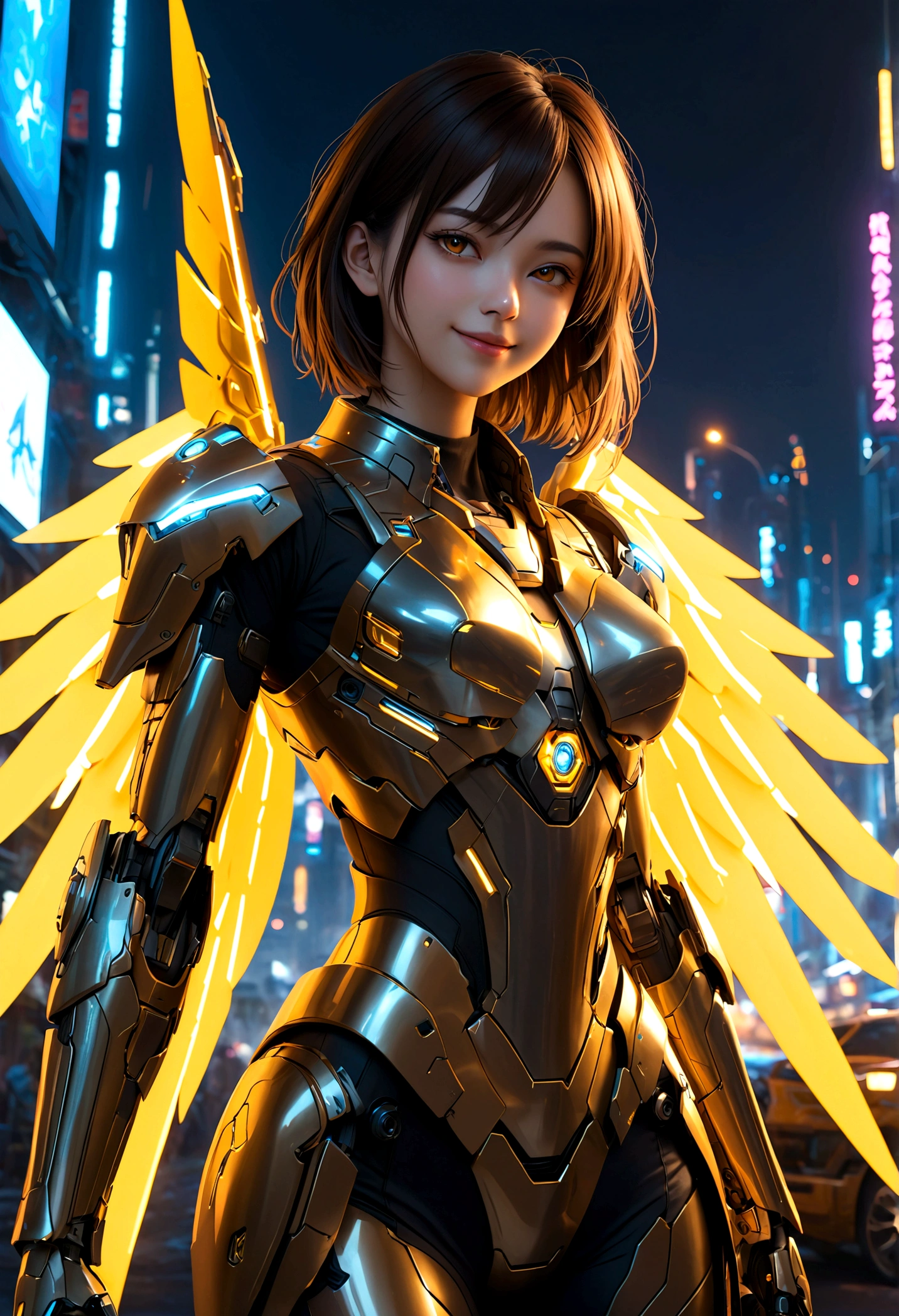 masterpiece,(best quality),Very detailed,Extremely detailed,1 Girl,(Mechanicalwing:Golden,Glowing eyes:blue,Goldenrarmor:1.2,Long ears:0.8),(Cyberpunk City:1.5,arms:Energy Blade),(Fantasy Landscape:1.2,Natural Lighting:1.5,Confident expression),(panoramic:1.2),Mecha, Smile,angle,Angel, wing,Chrome,Raw