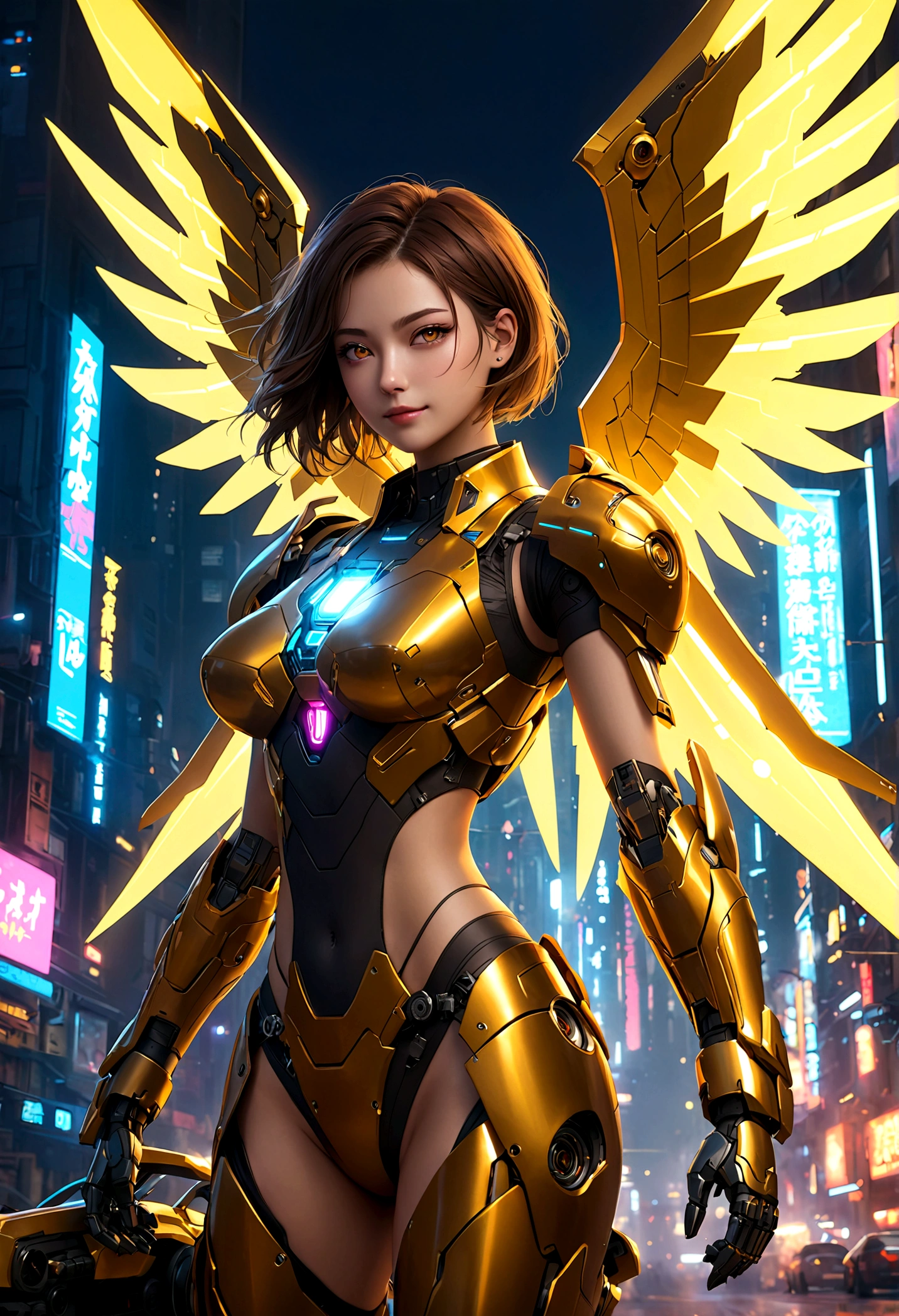 masterpiece,(best quality),Very detailed,Extremely detailed,1 Girl,(Mechanicalwing:Golden,Glowing eyes:blue,Goldenrarmor:1.2,Long ears:0.8),(Cyberpunk City:1.5,arms:Energy Blade),(Fantasy Landscape:1.2,Natural Lighting:1.5,Confident expression),(panoramic:1.2),Mecha, Smile,angle,Angel, wing,Chrome,Raw