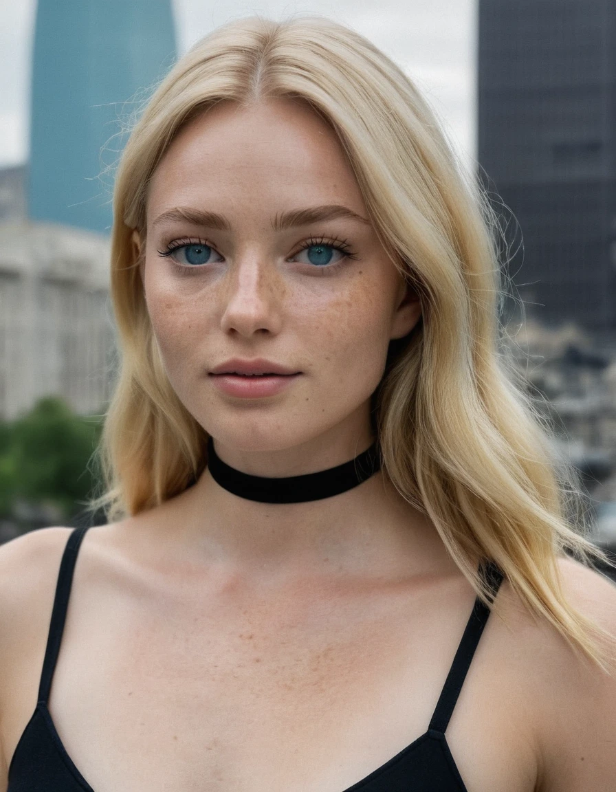 (Skin Texture, pores, natural,iPhone,RAW)), (blonde hair: 1.3) natural lighting,Highest Quality full body photo of a stunning woman blue eyes, freckles ,black thin choker, black top, cleavage, Nikon Z9, realistic matte skin,  blurry city in the background, 8K, symmetric,  Negative prompt: ugly, deformed, airbrushed, photoshop, rendered, (multiple people), blurry, cleavage, red lipstick, 
Steps: 30, Size: 1024x1024, Seed: 359619618, Model: juggernautXL_v7Rundiffusion, Version: v1.7.0, Sampler: DPM++ 2S a Karras, CFG scale: 5.5, Model hash: 0724518c6b, "krfroseth_xl_1_standard_merger_14_90_02_08: 5b5439b0311c"