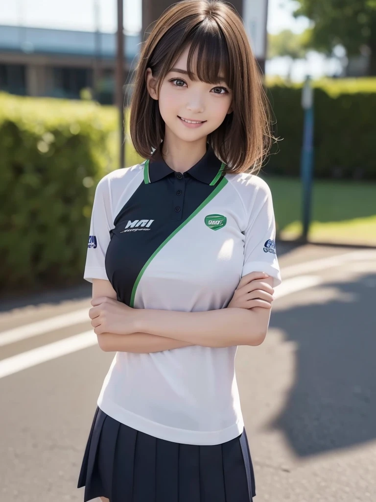 (8k, RAW Photos, highest quality, masterpiece:1.2), (Realistic, photo-Realistic:1.4), (Highly detailed 8k wallpaper), ((Full Body Shot)), (1 girl), Sharp focus, Depth of written boundary, Cinematic lighting, Soft Light, 緻密な美しさのeye, eye_Chan, Very beautiful 17 year old girl, innocent big eyes, Realistic, photo Realistic, Highly detailed cute girl, (Thin thighs), (Model Body Type), (((MotoGP Kawasaki Racing Team polo shirt))), ((Micro Mini Pleated Skirt)), (((Fold your arms in front of your chest and act arrogantly))), ((A happy smile)), Parted lips, Watching the audience, (On the streets of Britain) , (Brown Hair), (Short Bob Hair), (Asymmetrical bangs)