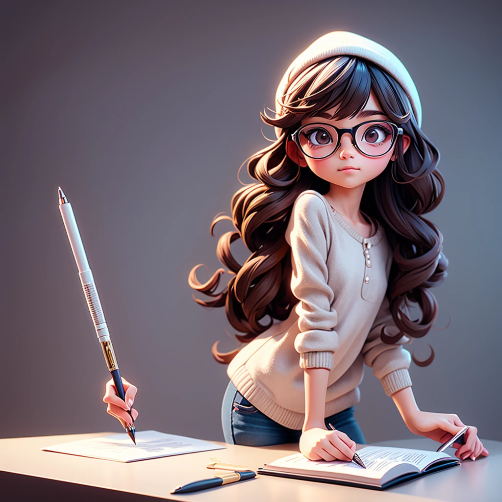 Cute young girl, wearing glasses, shoulder length hair, holding a pen