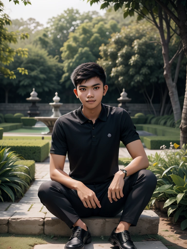 A portrait of a young Indonesian man with short hair, wearing a black polo shirt, black trousers, and black shoes. Sitting in a serene rustic garden, he creates a calm and elegant atmosphere. The simplicity of his attire blends perfectly with the natural beauty of the garden, resulting in a captivating photo.