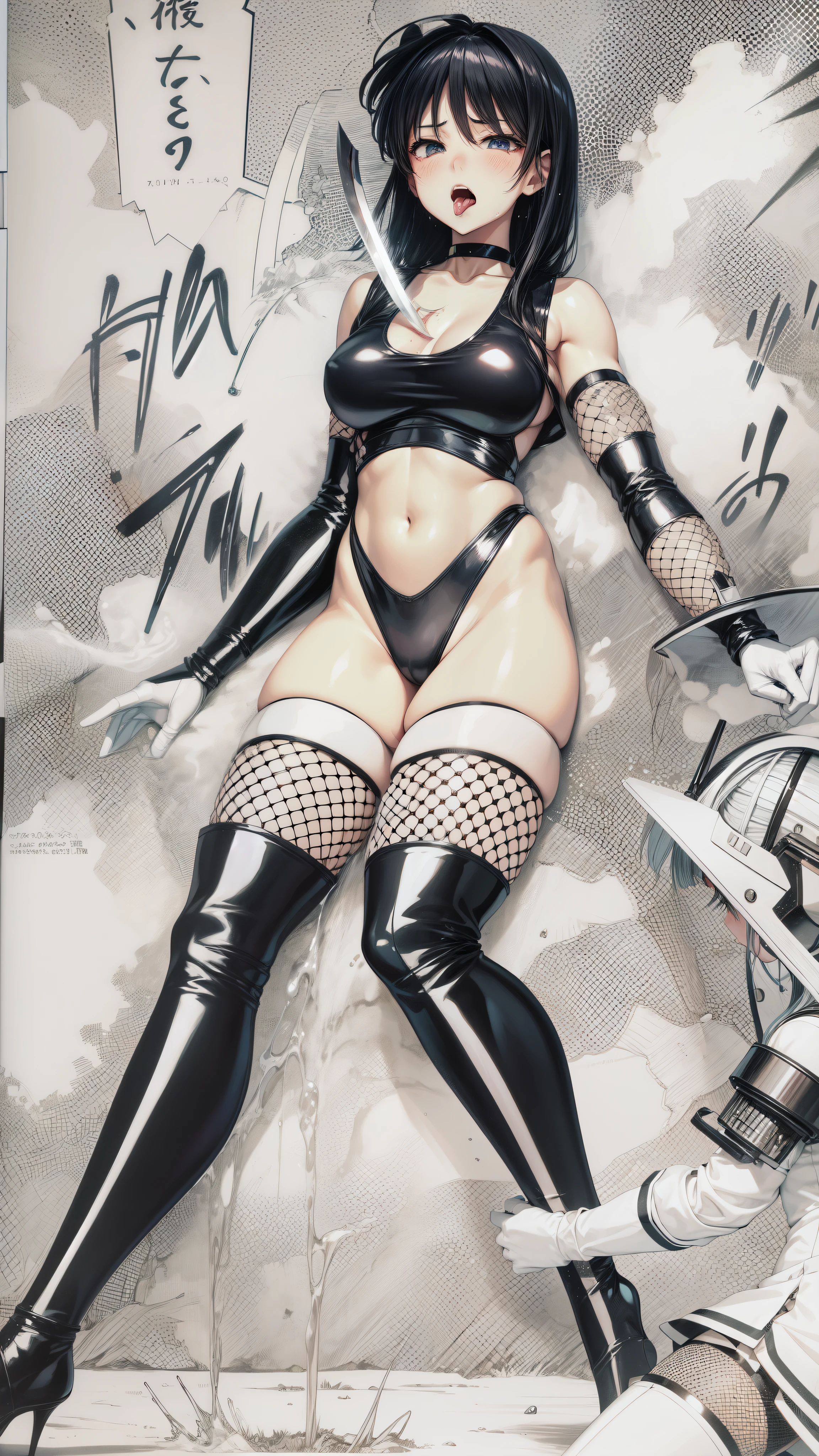 Female Combatant、Japanese girl、Close-up of a girl in a black leotard、Black glossy leotard、Black fishnet stockings、Black shiny boots、Saiyan Girl, wonderful, Nano Girl, Female body type, Inspired by Hiromu Arakawa, Anime Manga Robot!! Anime Girls, Fubuki, Full Body Suit, by Hiromu Arakawa、wonderful, silk, Beautiful and attractive anime , Anime Girls of the future, tears,Drooling,Pee,Sweat,Tongue out,incontinence,Peeing、Estrus、Eyes wide open,Estrus,Blushing,Nipples are erect,Face is hot、Lust、incontinence、Armpit Hair、pubic hair、Nipples are erect、My crotch is wet、Knife in the chest、Blood in chest、Doomsday Demon、Pleading for your life