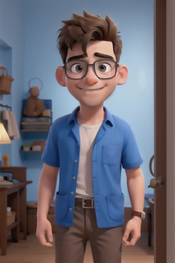 a beardless boy wearing glasses, with a thumbs up sign, with a room setting, blue, white and brown colors