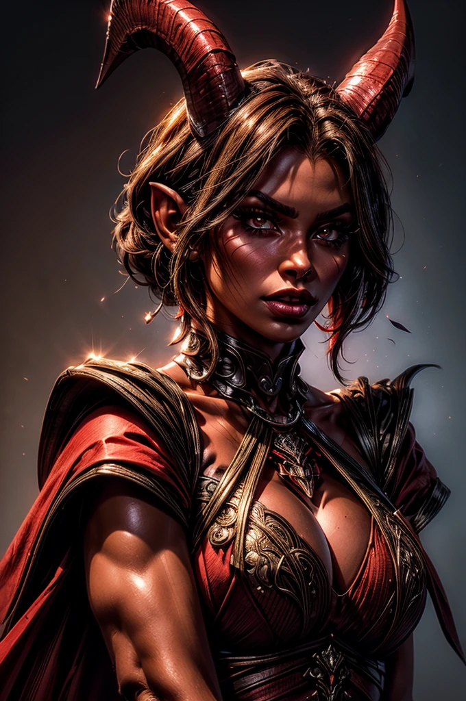 A close up of a of a (red-skinned tiefling) woman's face, gorgeous face, amazing bone structure, defined cheekbones, slim, sharp nose, plump red lips, smokey eyes, dark thick eyebrows, dark eyeliner, dark eyeshadow, beautiful, long dark hair and (short bone horns coming from her head), (she has dark crimson red coloured skin:1.2), striking image, (best quality), ((masterpiece)), 30 year old