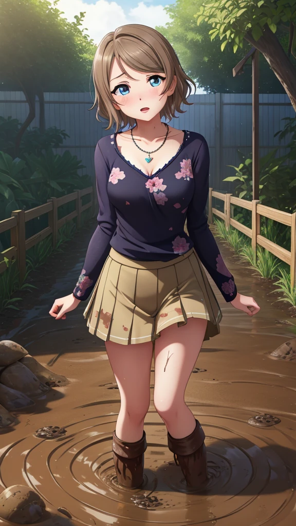 (Masterpiece), 8k wallpaper, solo, Watanabe you, game cg, beautiful detailed face and eyes, perfect anatomy, standing, outside, upset, scared, glossy lips, necklace, jewelry, garden, (sinking in mud)