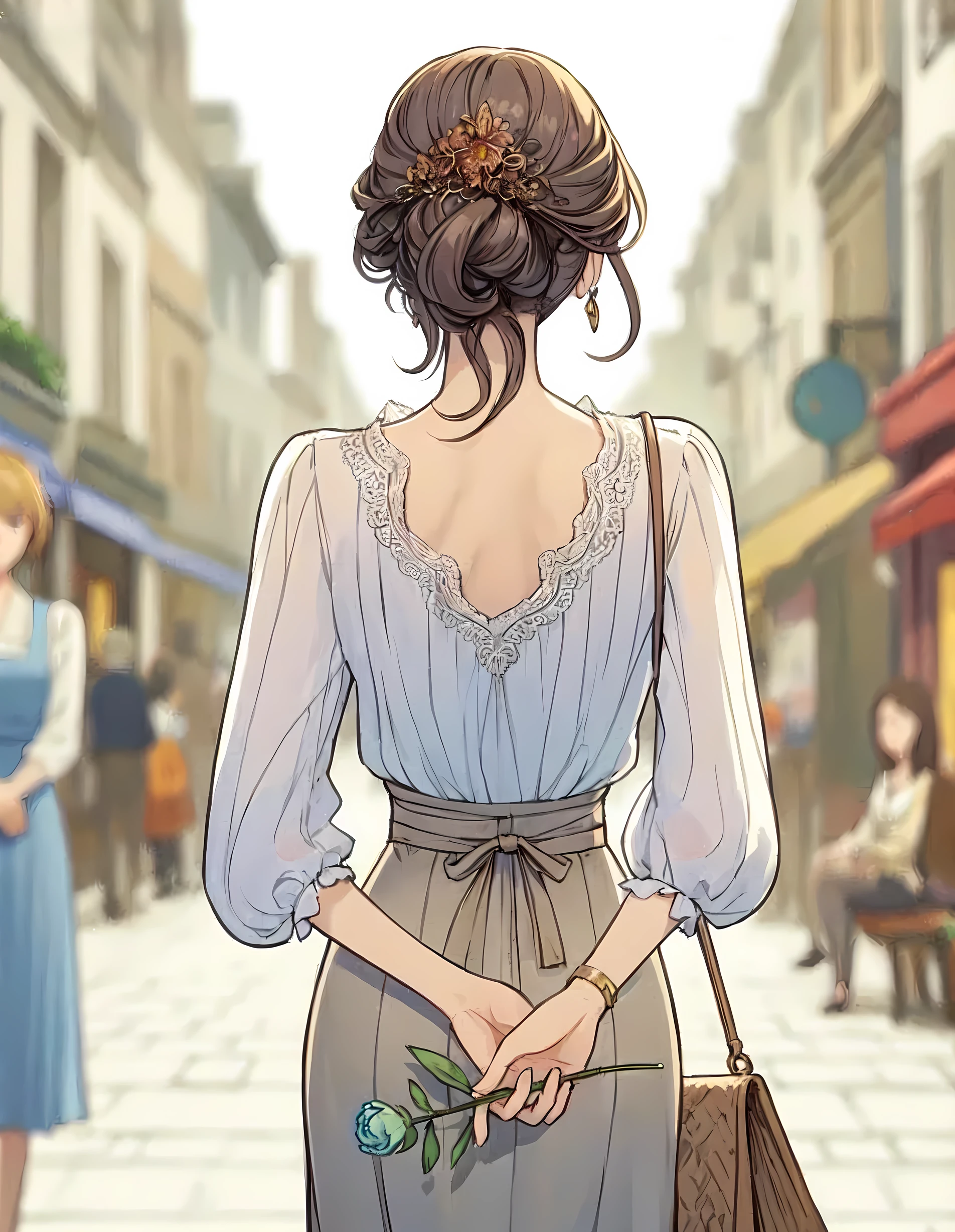 1lady solo, walking, back of head, (from behind), (arms bent behind back), (holding single flower), (elegant attire) stylish outfit, mature female, /(gray brown hair/), antique hair clip, (masterpiece best quality:1.2) delicate illustration ultra-detailed BREAK (fashionable town street) outdoors, friend awaits, noon, crowded, detailed background
