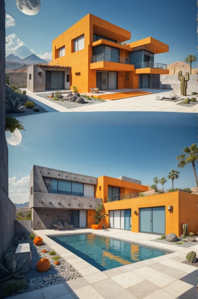 An illustration in collage style, with giant boulders, brutalist building sections, terraces, stairs, cacti, agave, concrete texture, multiple geometric shapes, hatch and cross hatching, planet saturn, volcano, moon, Luis Barragán's architectural style build, milky way galaxy, violet, one motorcycle, An illustration in collage style, with giant boulders, brutalist building sections, stairs, cacti, agave, concrete texture, multiple geometric shapes, hatch and cross hatching, planet saturn, volcano, moon, Luis Barragán's architectural style build, reflective pool, terraces. An elegant and modern build, in top of big boulders, with terraces, materials concrete, wood, steel and crystal, various gardens with tropical vegetation, cacti and rocks, stairs, a pool. In middle of sea, a big wave near, sunset, mountains and a volcano in the horizont, cute islands around, illustration format, cute color palette, detailed, masterpiece, award-winning work, clouds, Illustration, a garden with abundant cacti, ((various organic sculptures)), ((big rocks)), (((multiple sections))), collage style, detailed, (((color palette (olive green), (Mustard orange), cool grey, ((blue)), black and white))), (((a lot Luis barragán's architecture style builds))) big clouds, volcano in horizon, stairs, in the desert. ((masterpiece, best quality)),illustration,ultra detailed 8k, ((Ori Toor visual style)),soviet, megabuildings, megastructures, buildings, organic steel sculpture