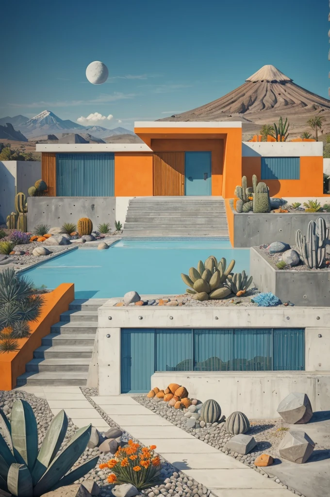 An illustration in collage style, with giant boulders, brutalist building sections, terraces, stairs, cacti, agave, concrete texture, multiple geometric shapes, hatch and cross hatching, planet saturn, volcano, moon, Luis Barragán's architectural style build, milky way galaxy, violet, one motorcycle, An illustration in collage style, with giant boulders, brutalist building sections, stairs, cacti, agave, concrete texture, multiple geometric shapes, hatch and cross hatching, planet saturn, volcano, moon, Luis Barragán's architectural style build, reflective pool, terraces. An elegant and modern build, in top of big boulders, with terraces, materials concrete, wood, steel and crystal, various gardens with tropical vegetation, cacti and rocks, stairs, a pool. In middle of sea, a big wave near, sunset, mountains and a volcano in the horizont, cute islands around, illustration format, cute color palette, detailed, masterpiece, award-winning work, clouds, Illustration, a garden with abundant cacti, ((various organic sculptures)), ((big rocks)), (((multiple sections))), collage style, detailed, (((color palette (olive green), (Mustard orange), cool grey, ((blue)), black and white))), (((a lot Luis barragán's architecture style builds))) big clouds, volcano in horizon, stairs, in the desert. ((masterpiece, best quality)),illustration,ultra detailed 8k, ((Ori Toor visual style)),soviet, megabuildings, megastructures, buildings, organic steel sculpture