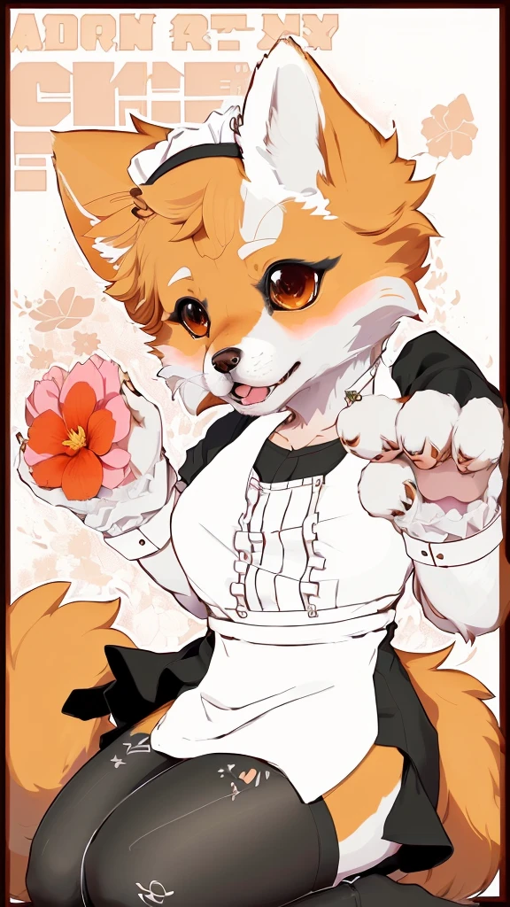 Anime style picture of a dog with a white apron and a flower, Fox Tonic, Fur Affinity Committee, Fulfini Committee, fursona committee, Firmware version, Anthropomorphic Shiba Inu, furry affinity, Fursona Furry Arts Council, high resolution committee, animal art, High-quality fanart, Official Fanart, Detailed fan art