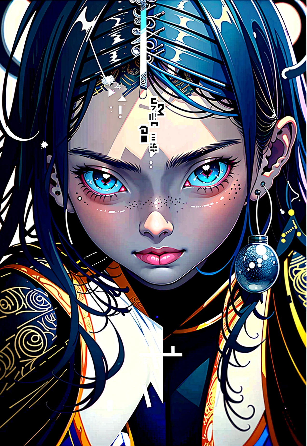 A surreal, eerie digital illustration depicting a close-up of a character with large, dark, glossy eyes and a toothy smile surrounded by multiple smaller eyes embedded in dark, textured surroundings. The character has a youthful appearance with small freckles scattered across its face, and strands of hair frame the scene, adding to the unsettling atmosphere. The artwork is monochromatic, using shades of black and white to enhance the haunting effect art by gustave dore, by h.r. giger, by junji ito