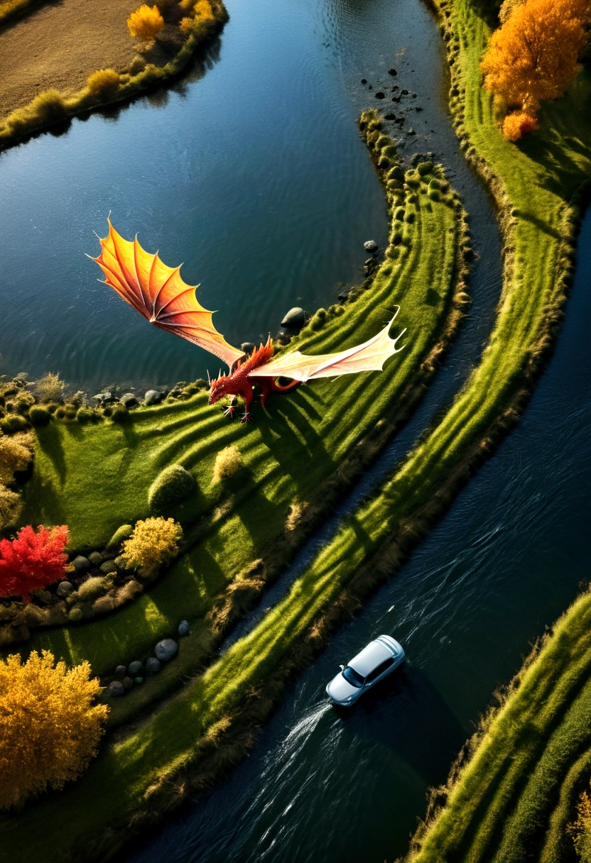 ((picture taken  from the back of dragon: 1.5)), arafed, a picture of a dragon flying above a river, its shadow is cast on the water dragon wings spread wide, dynamic color dragon, you see the back of the dragon, its majestic wings, its tail and river it is flying above, , panoramic view (Masterpiece, intense details: 1.5) , Wide-Angle, dynamic light, Cinematic Hollywood Film style