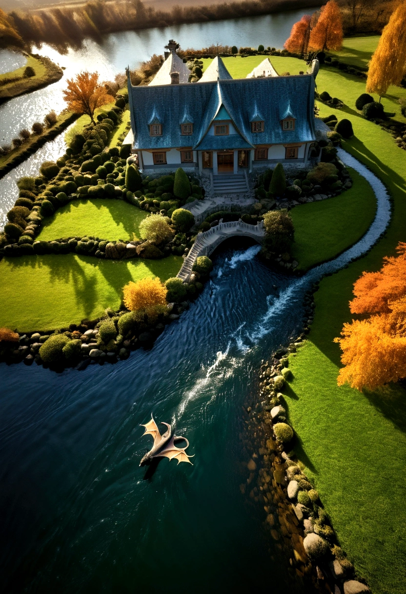 ((picture taken from the back of dragon: 1.5)), arafed, a picture of a dragon flying above a river, its shadow is cast on the water dragon wings spread wide, dynamic color dragon, you see the back of the dragon, its majestic wings, its tail and river it is flying above, , panoramic view (Masterpiece, intense details: 1.5) , Wide-Angle, dynamic light, Cinematic Hollywood Film style