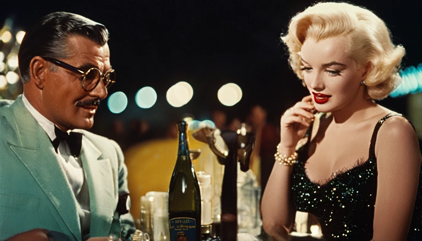 a vintage color film still of Marilyn Monroe with makeup looking at balding Clark Gable who has glasses and is clean shaving outside a hollywood matinee at night, vintage photo, , panavision, 16:9, vintage photography, haze, bokeh, glamorous composition, film still, champagne commercial, inspired by George Hurrell, steven meisel photography, very realistic film still, color, cinematic, movie still