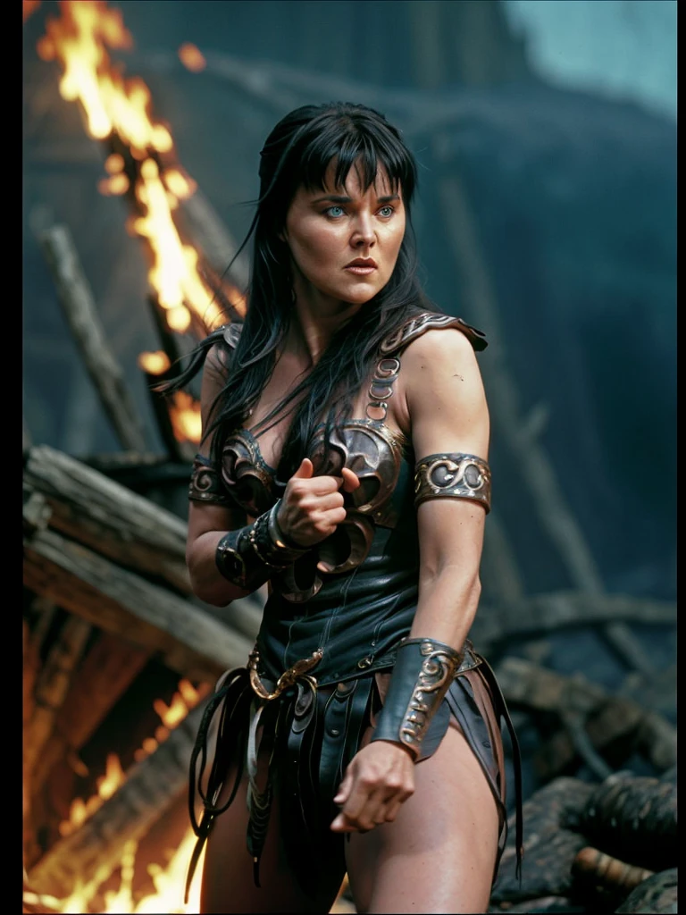 cinematic photo xenaquiron, xenawarrior, 1girl, long hair, black hair, solo, blue eyes, realistic, armlet, , at Weeping Woman's dungeon, warrior pose, fog, explotion, fire, lighting, fantasy, . 35mm photograph, film, bokeh, professional, 4k, highly detailed,Xena fighting hand to hand tells Dahak