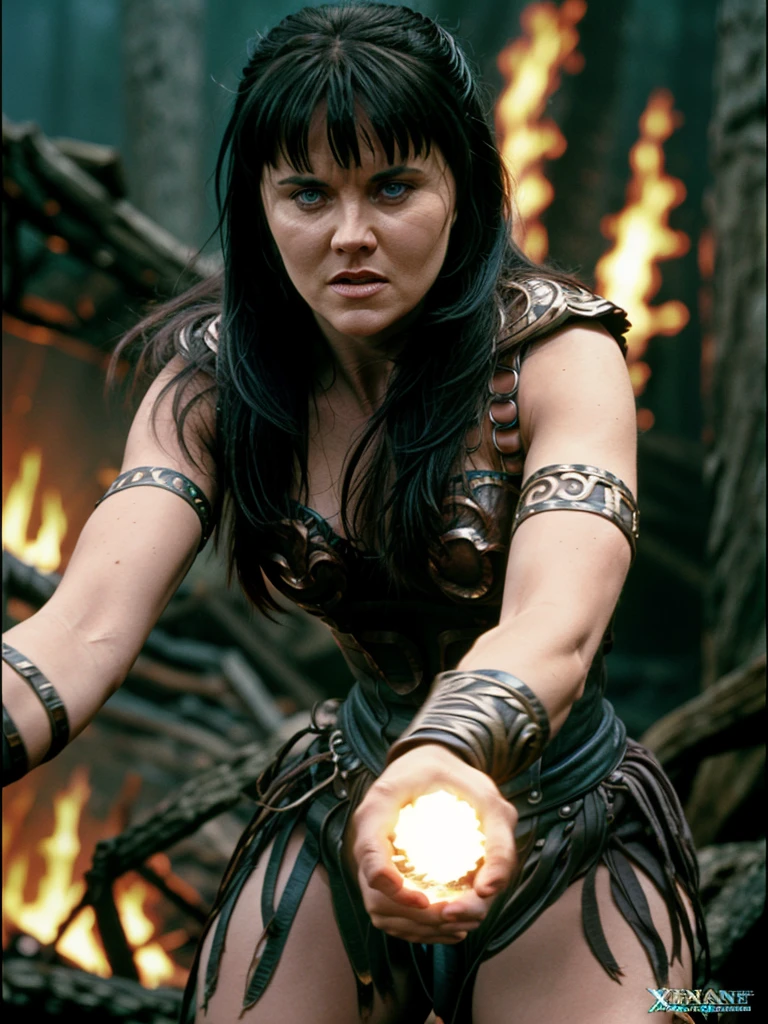 cinematic photo  xenaquiron, xenawarrior, 1girl, long hair, black hair, solo, blue eyes, realistic, armlet,  , at Weeping Woman's  dungeon, warrior pose,  fog, explotion, fire, lighting, fantasy,  . 35mm photograph, film, bokeh, professional, 4k, highly detailed,Xena fighting hand to hand tells Dahak
