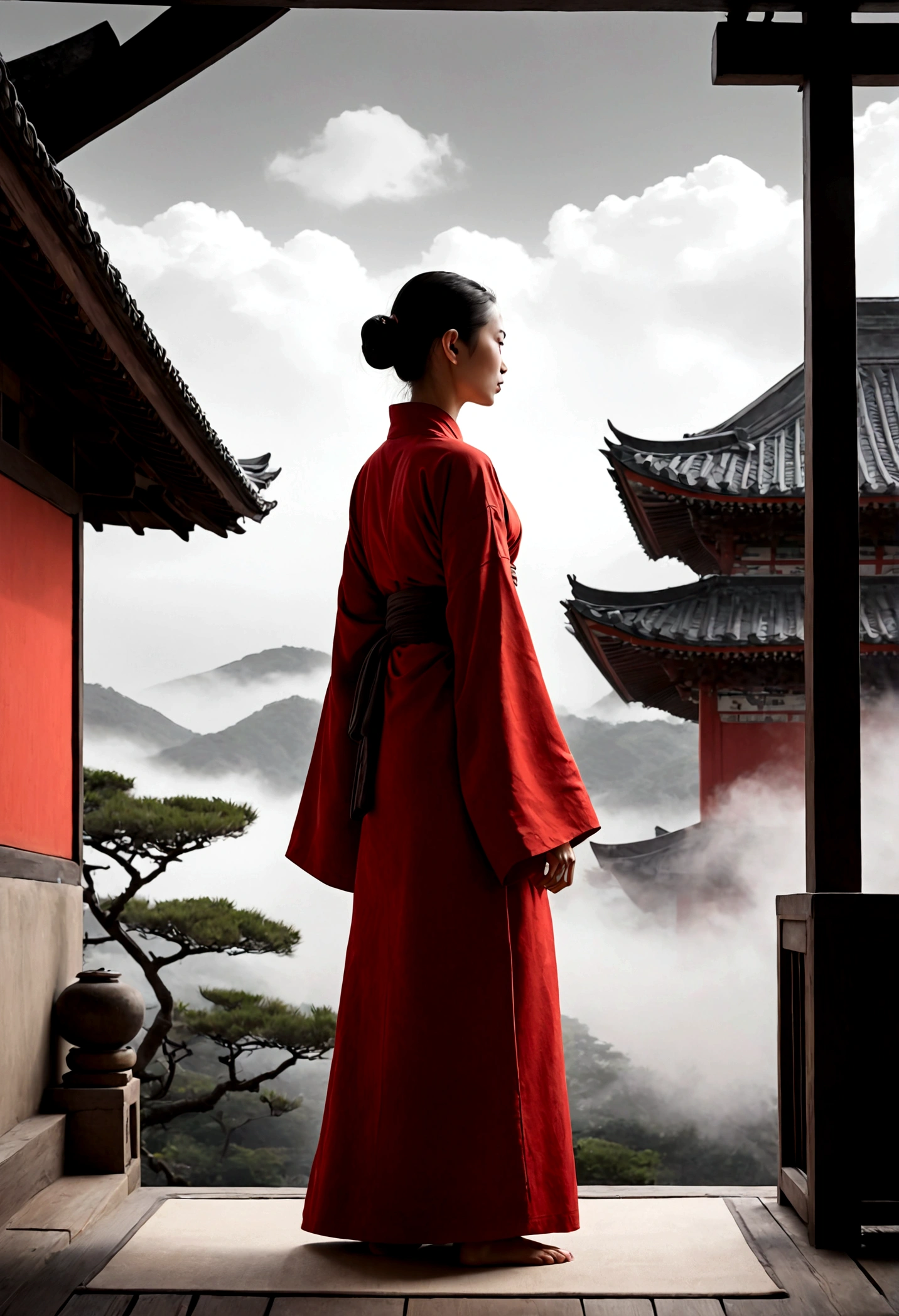 Back,Compassion,Simplicity,Black and White,Simplicity纤细女子,Red wall like fire,Monk's robes look like morning glow,Zen mind is like flying white clouds。
