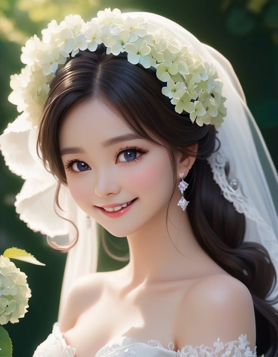from side, close up face, smile, frilly long sleeves, white lace veil, kawaii, The bride is dressed in a white wedding dress, and her cheeks are flushed with happiness. Her profile exudes a quiet beauty, and a vibrant hydrangea flower is added to her ear. The petals of the hydrangea enhance the elegance of the bride, and its color symbolizes her happiness. This scene celebrates pure love, happiness, and a new beginning.