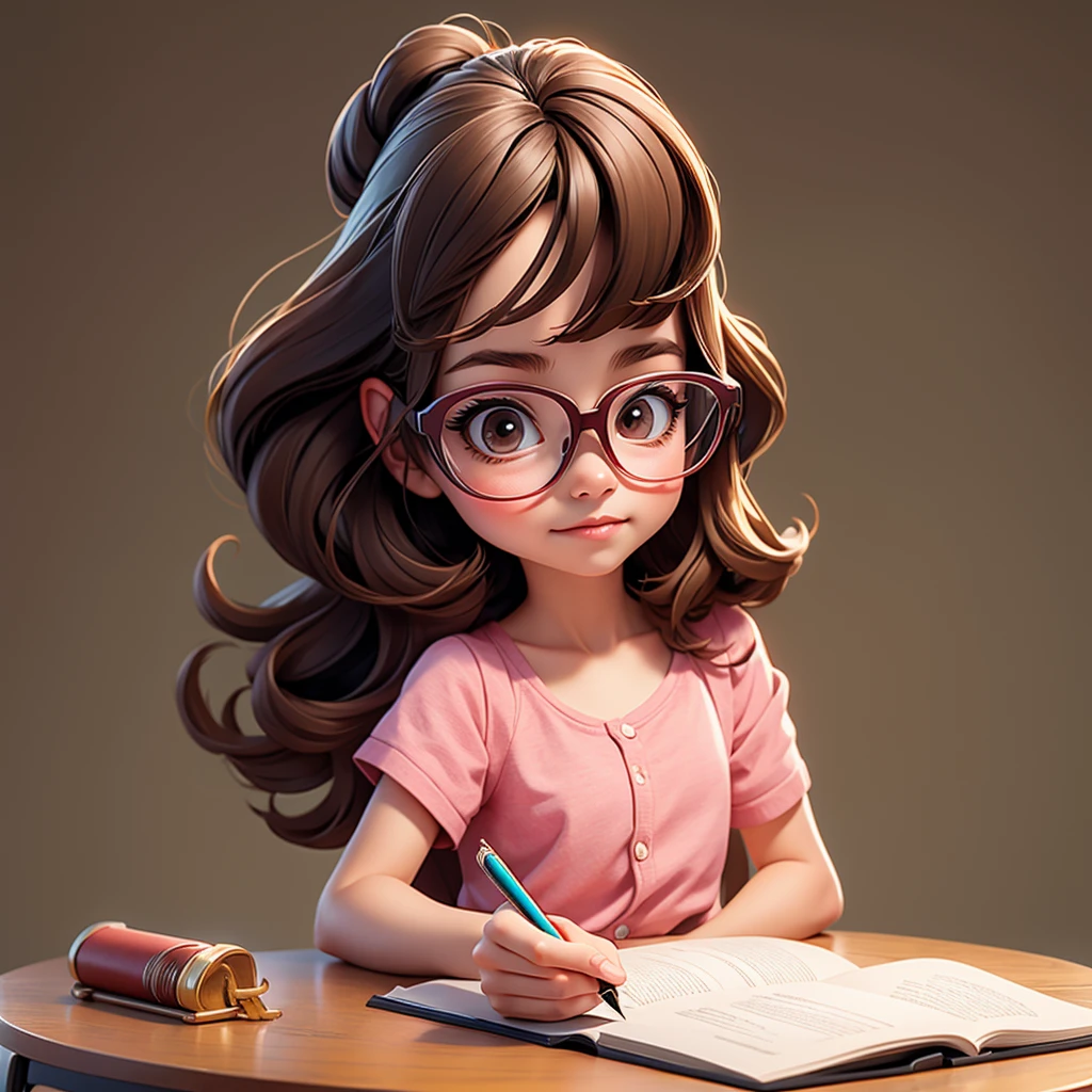Cute young girl, wearing glasses, shoulder length hair, holding a pen