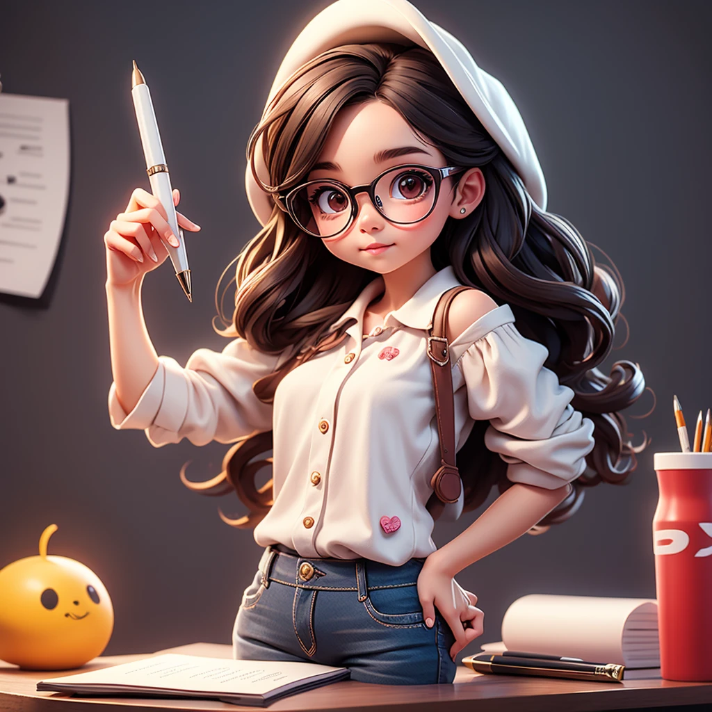 Cute young girl, wearing glasses, shoulder length hair, holding a pen
